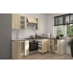 cocina L270 x L148 cm colr roble con encimera