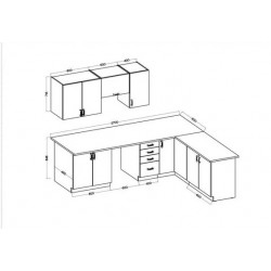 cocina L270 x L148 cm colr roble con encimera